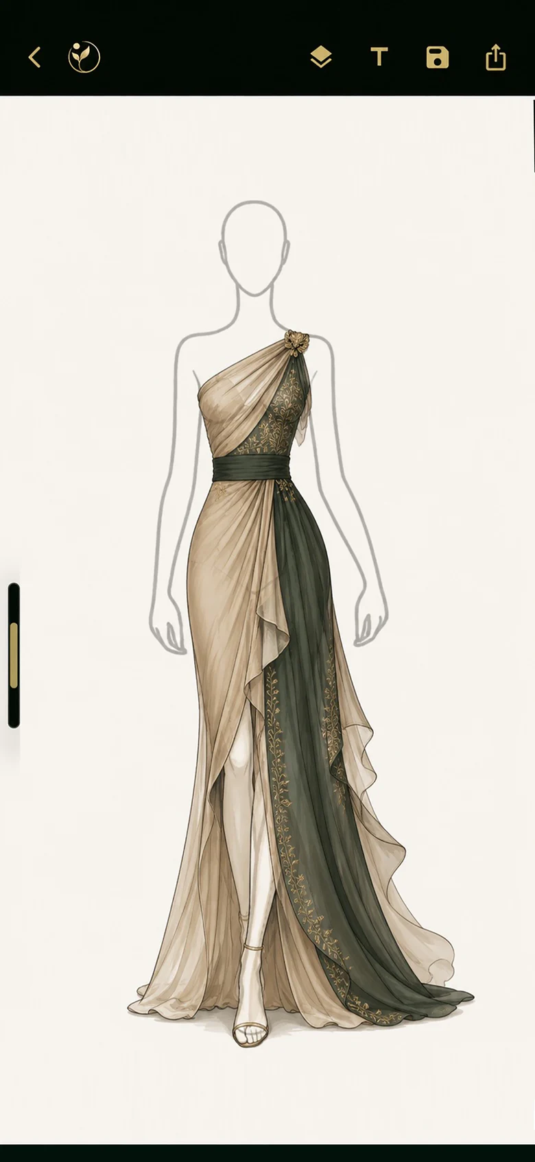 Completed draped gown illustration in DAIVIKA SAMÃH