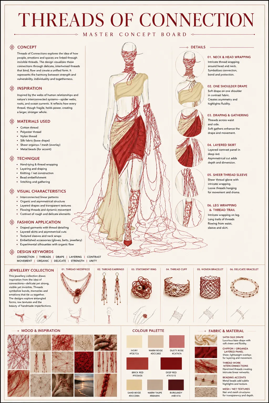Threads of Connection master concept board by Vansita Ravariya, showing concept, materials, garment details, jewelry, and palette
